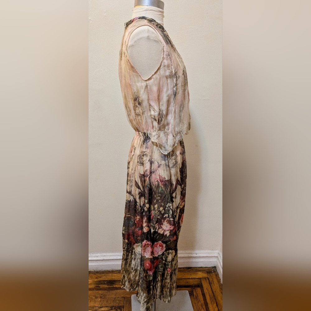 Queen Mulock Floral Silk Midi Rose Print Dress - Size S - Picture 4 of 14